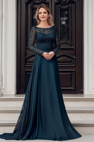 Elegancka granatowa scoop A line satynowa koronkowa sukienka dla matki panny młodej z długimi rękawami